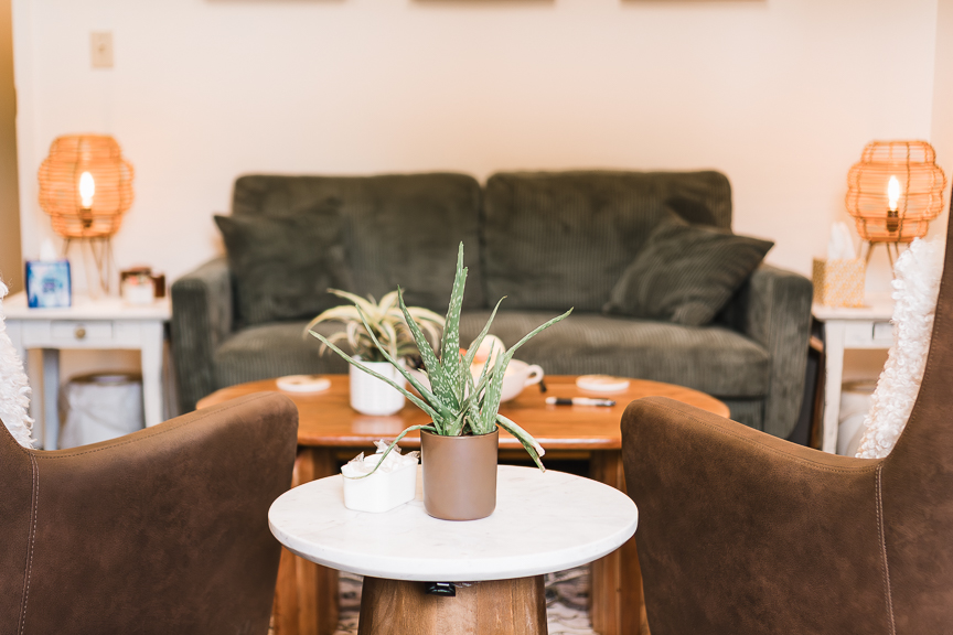 A calm Babb Center counseling room with a sofa, soft lamps, and a plant